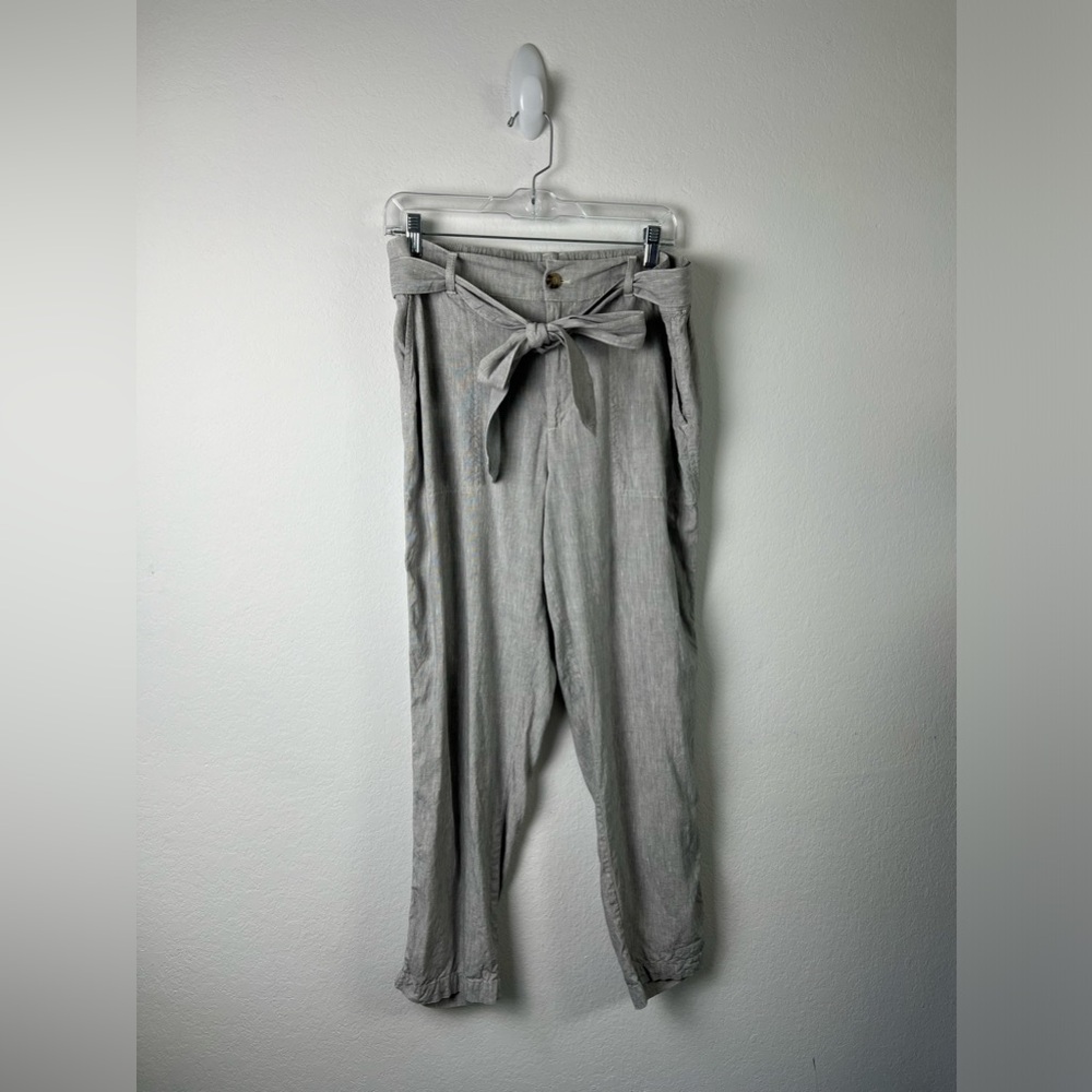 Lou & Grey for Loft Gray White Linen Viscose Tie Belt Straight Leg Ankle Pants